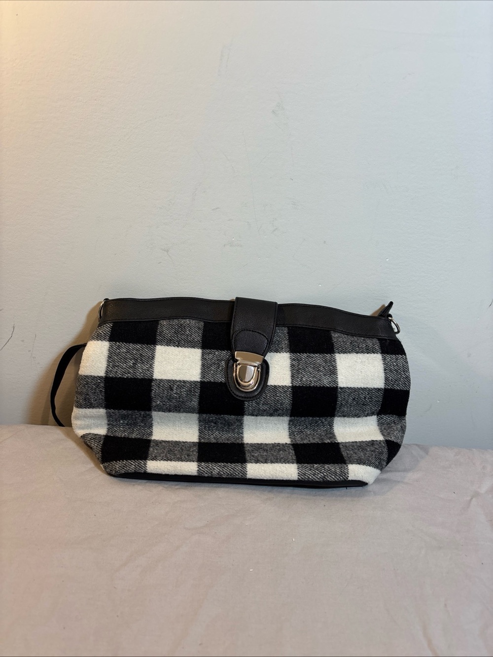 Black & White Plaid Crossbody Bag with Toggle Accent